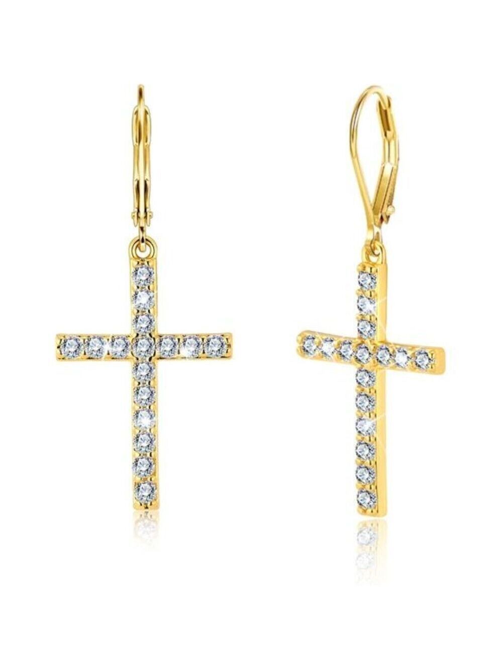 925 Sterling Silver Cross Dangle Earrings for Women 14K Gold Plated Dainty